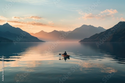 Boat at the lake at sunset with mountains in the background. Illustration AI Generative