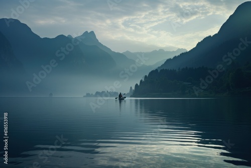 Boat at the lake at sunset with mountains in the background. Illustration AI ...