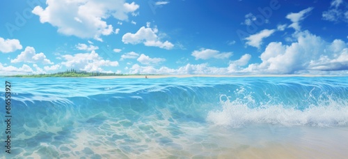 Blue tropical beach background. Illustration AI Generative.