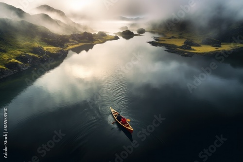 Boat at the lake at sunset with mountains in the background. Illustration AI ...