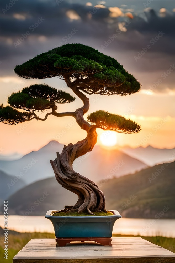 Drzewko bonsai i wschodzące słońce - obrazy, fototapety, plakaty 