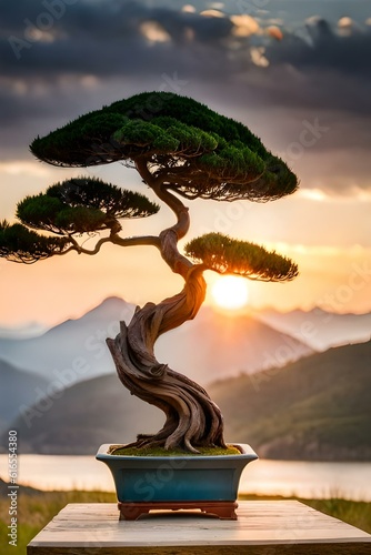 Drzewko bonsai i wschodzące słońce