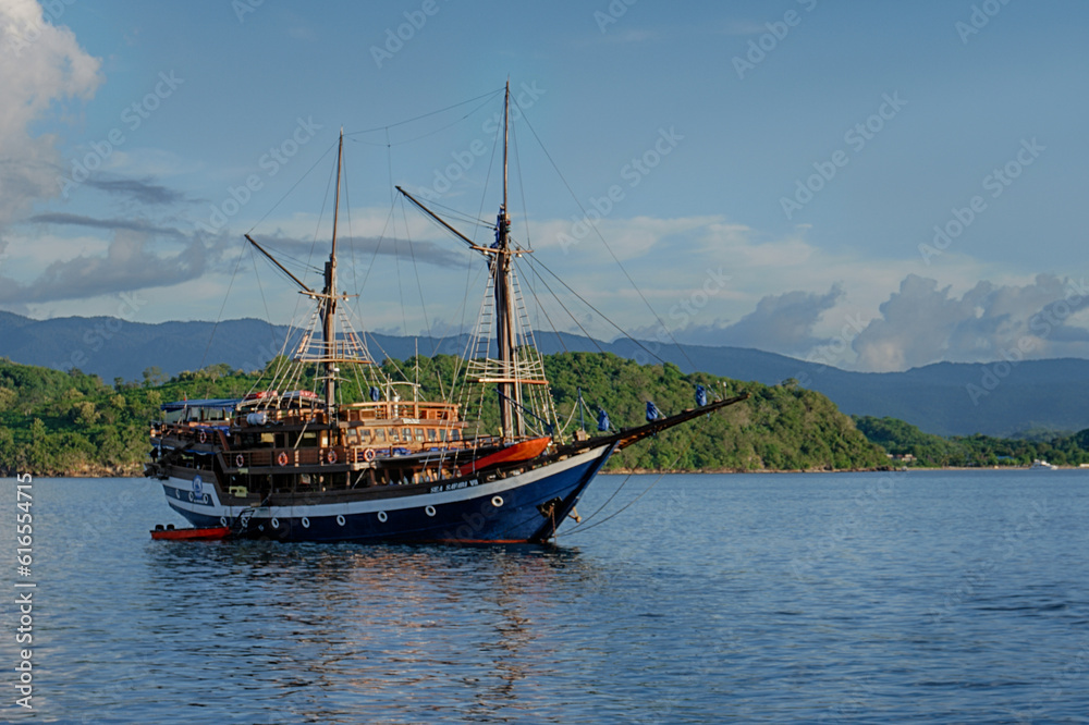 A boat cruise through the water of flores. A boat cruise through the water of flores.