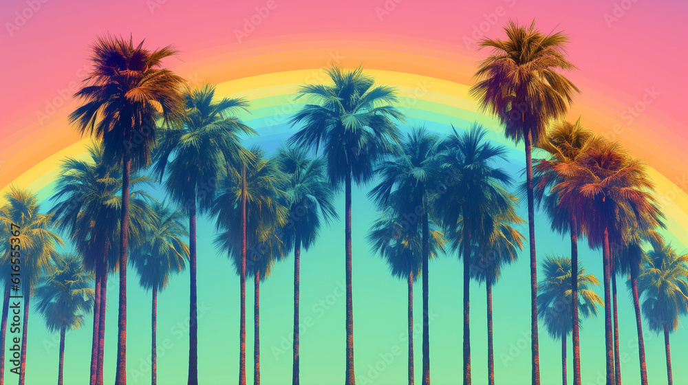 Fototapeta premium A tropical row of palm trees with rainbow colors