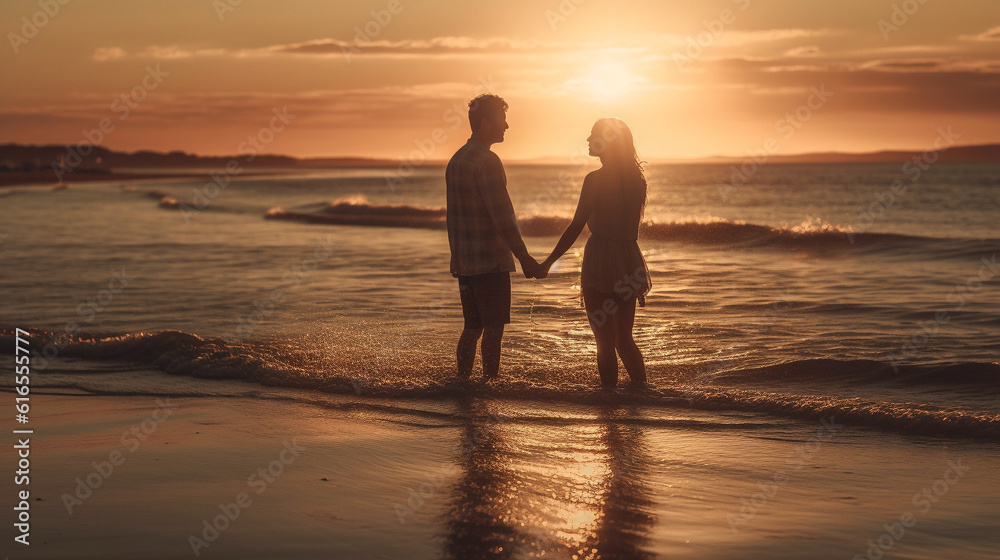 A young couple in love enjoying a beach sunset