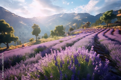 Lavender flowers blooming in the morning. Beautiful natural landscape ai generated