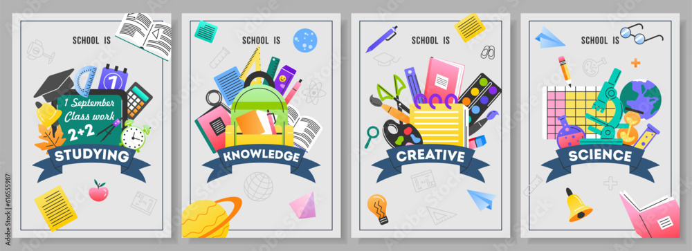Flyers with school supplies set. Banners with globe, pencils, ruler, backpack, microscope, books and notebooks. A4 posters with education, learning, and stationery. Cartoon flat vector illustrations Flyers with school supplies set. Banners with globe, pencils, ruler, backpack, microscope, books and notebooks. A4 posters with education, learning, and stationery. Cartoon flat vector illustrations