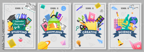 Flyers with school supplies set. Banners with globe, pencils, ruler, backpack, microscope, books and notebooks. A4 posters with education, learning, and stationery. Cartoon flat vector illustrations