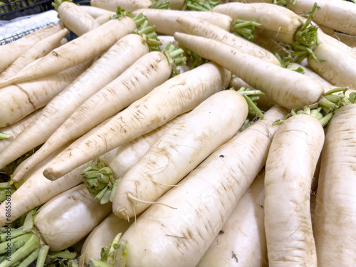 A view of a bin full of daikon radish, on display at a local grocery store.