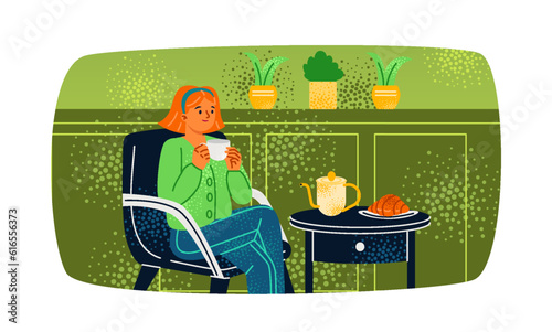 Woman at home. Woman sitting in armchair at coffee table, eating croissant and drinking tea in mug. Young girl resting alone on break. Cartoon flat vector illustration isolated on white background