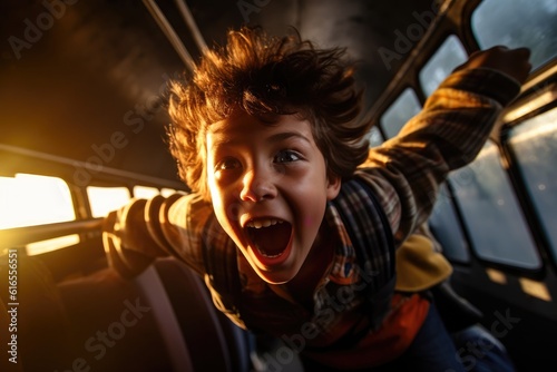 A low angle shot of a boy eagerly climbing onto a school bus. Generative AI