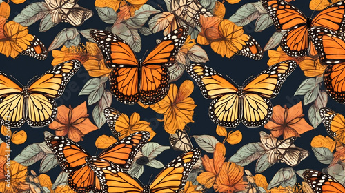 Flat lay image of monarch butterflies in a repeating pattern
