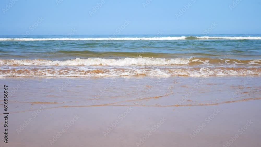 Close up of sea waves in Morocco, Atlantic ocean. Landscape view of beach, sea, sand and sky on summer day. sea waves background Close up of sea waves in Morocco, Atlantic ocean. Landscape view of beach, sea, sand and sky on summer day. sea waves background