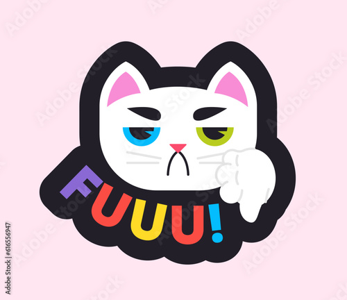 Back to school icon. Badge with disgruntled cat showing thumbs down. Frustrated frowning character with sign. Sticker for website. Cartoon flat vector illustration isolated on white background