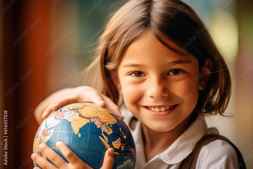 Cheerful headshot photo of a young girl with freckles and two braids holding a globe. Generative AI Cheerful headshot photo of a young girl with freckles and two braids holding a globe. Generative AI