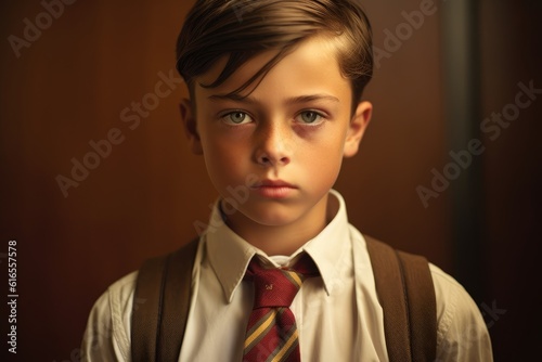 Close-up shot of a schoolboy wearing a tie. Generative AI
