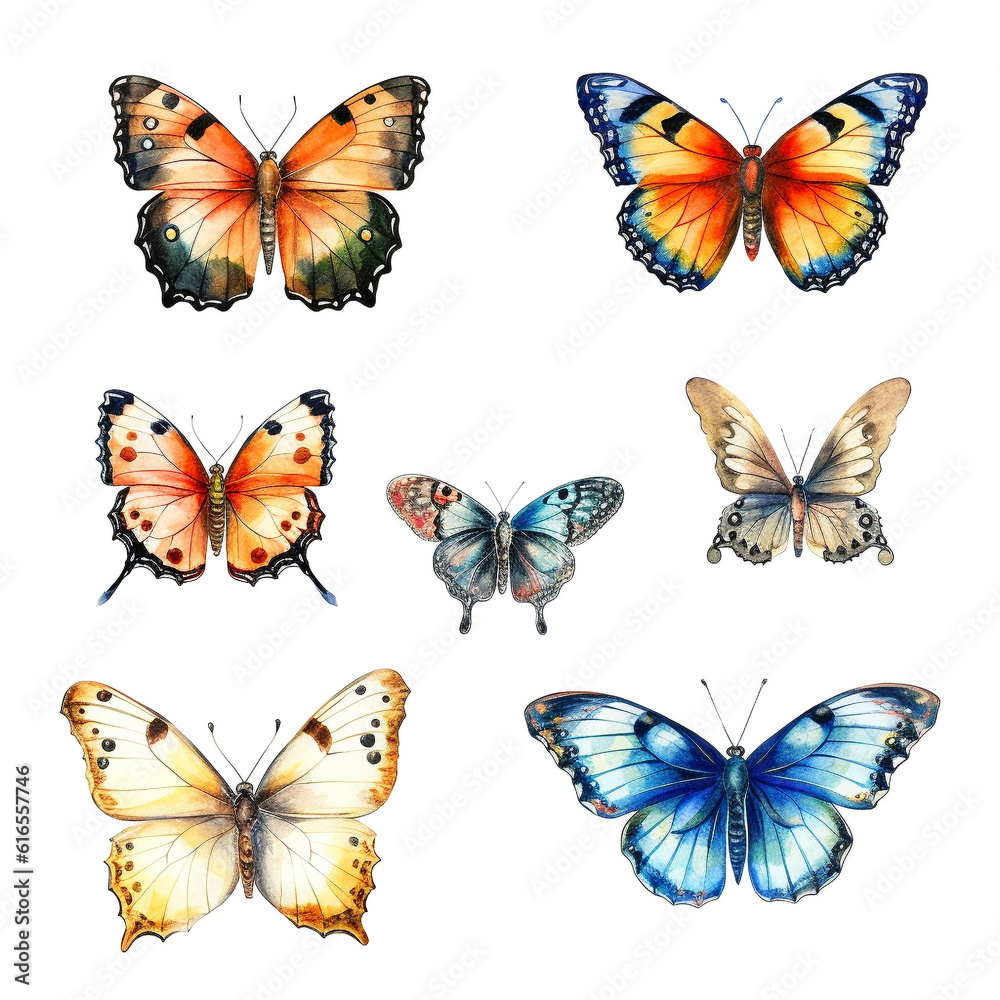 collection of real butterflies like Peacock butterfly brimstone in watercolor design isolated against transparent background collection of real butterflies like Peacock butterfly brimstone in watercolor design isolated against transparent background