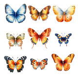 collection of real butterflies like Peacock butterfly brimstone in watercolor design isolated against transparent background