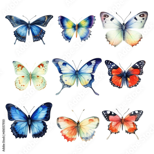 collection of real butterflies like Peacock butterfly brimstone in watercolor design isolated against transparent background © bmf-foto.de