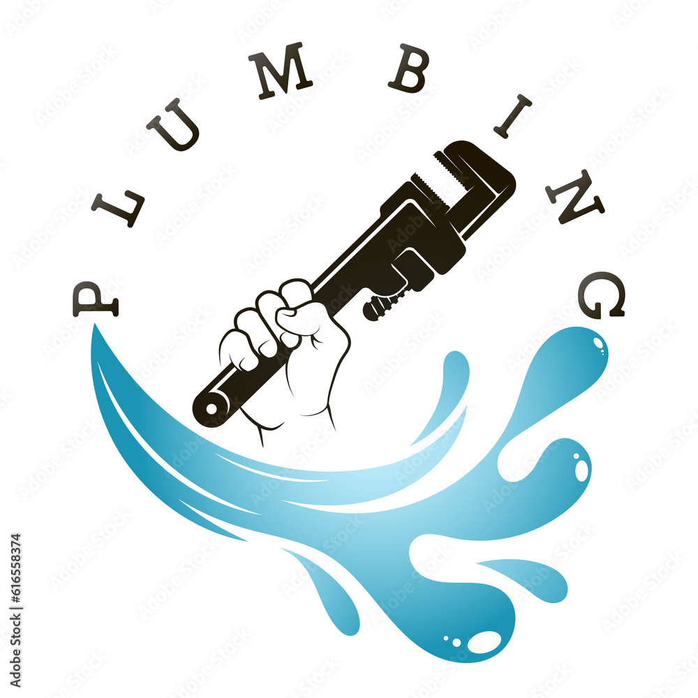 Wrench in the hand of a plumber and a faucet with water drops. Repair and service plumbing symbol. Wrench in the hand of a plumber and a faucet with water drops. Repair and service plumbing symbol.