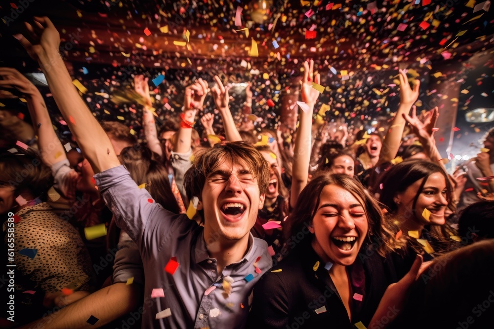 An energetic crowd shot at a birthday party, with confetti flying through the air. Generative AI An energetic crowd shot at a birthday party, with confetti flying through the air. Generative AI