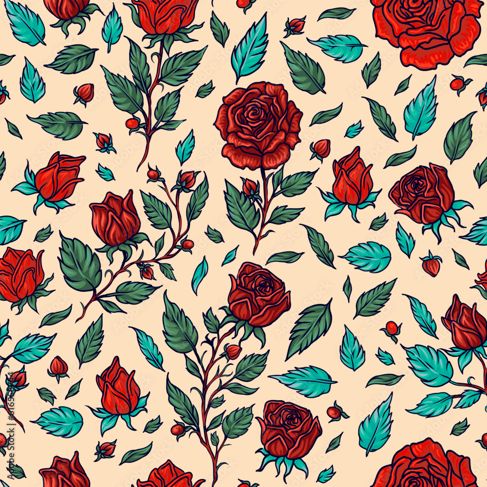 Seamless pattern with wild roses, vector illustration. Ideal for background greeting cards and invitations for wedding, birthday, Valentine's Day, Mother's Day.
