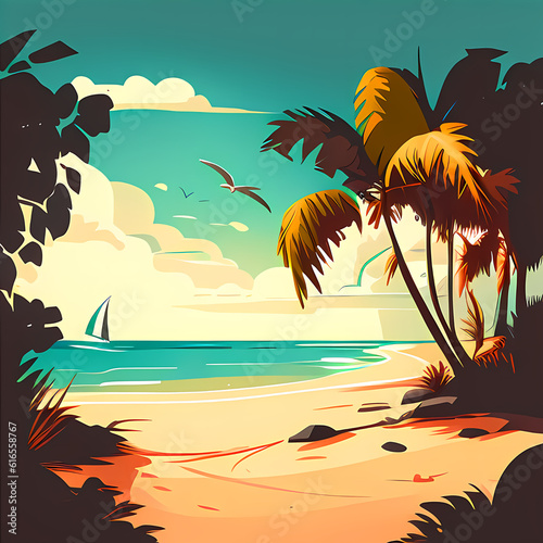  Illustration of a beach with palm trees and sea.