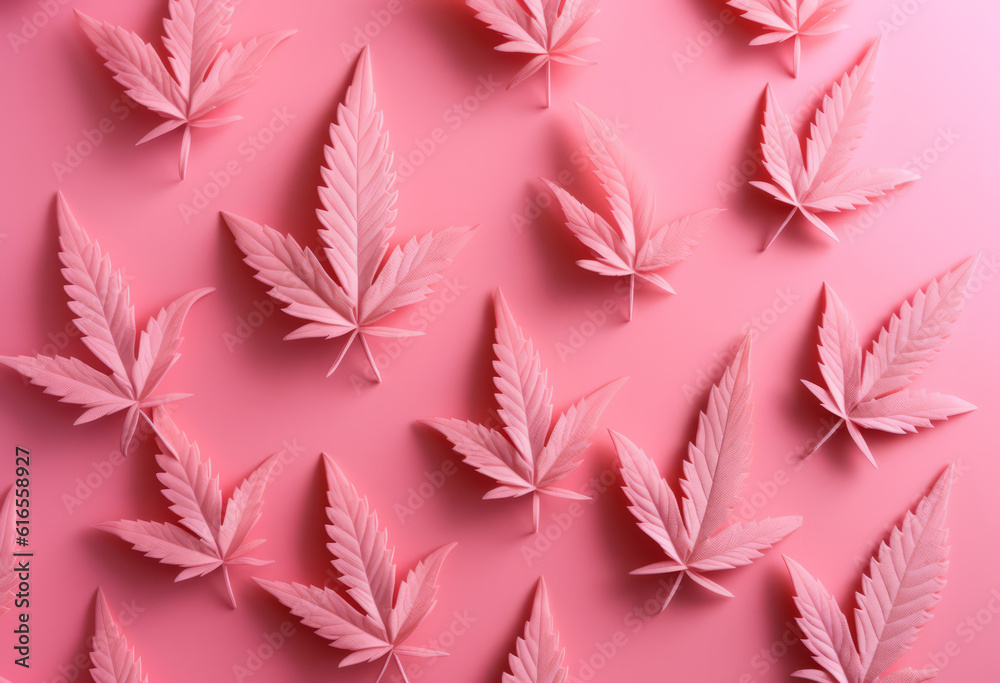 Overhead flat lay of pink marijuana cannabis leaves on a pink background - obrazy, fototapety, plakaty 