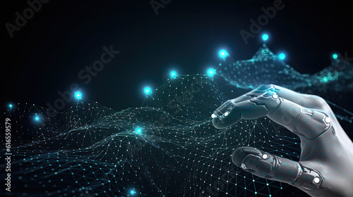 Roboterhand mit einem abstrakt dargestellten digitalen Netzwerk.