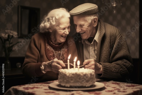 A retro - styled photograph of an older couple celebrating a birthday. Generative AI