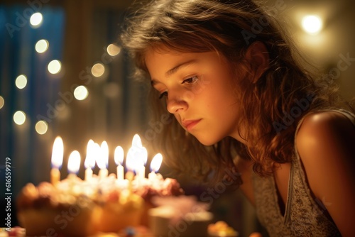 A profile view of a teenage girl making a wish before blowing out her birthday candles. Generative AI