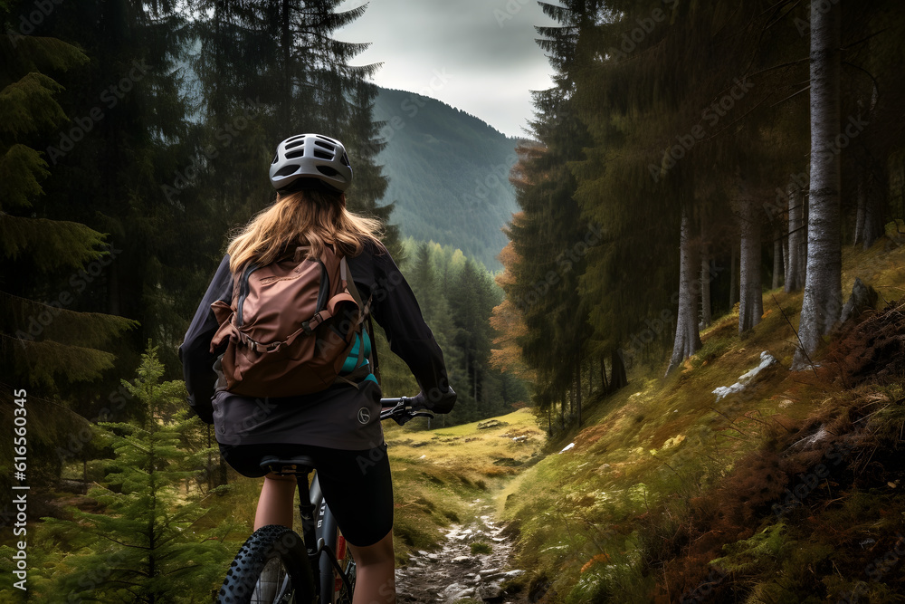 Fototapeta premium Mountain Bike Bliss - Woman Riding a Bike in the Mountains - Generative AI