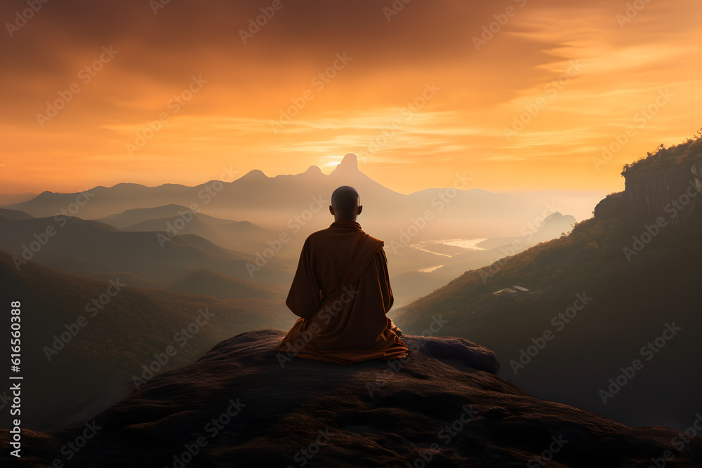 Serene Buddhist Monk Meditating on Mountain Top at Sunset - Generative AI