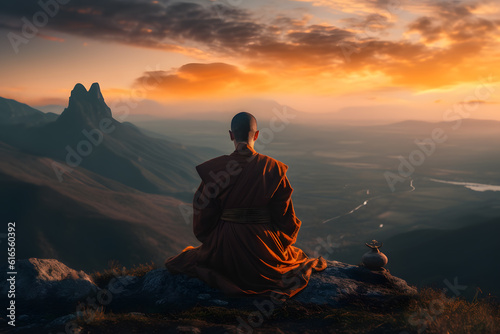 Serene Buddhist Monk Meditating on Mountain Top at Sunset - Generative AI