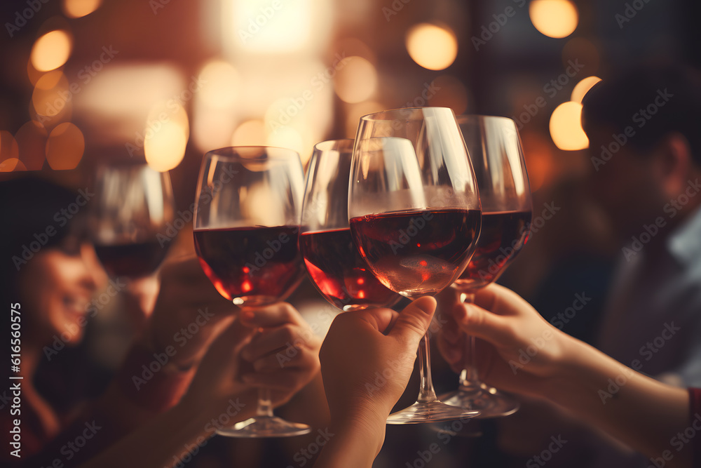 Joyful Celebration with Close Friends - Close-Up Wine Glasses - Generative AI