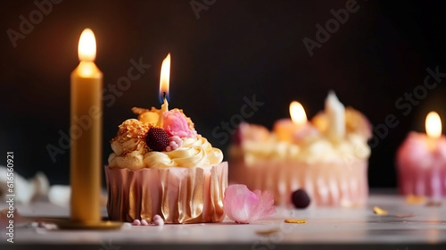 Beautifully decorated birthday cake with burning candles