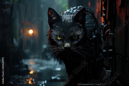 A Black Cat Walking Through an Enigmatic Alley in The Night. Generative AI