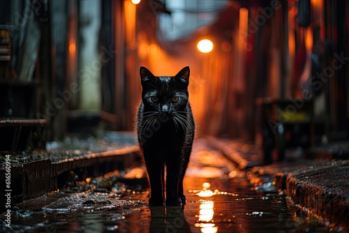 A Black Cat Walking Through an Enigmatic Alley in The Night. Generative AI