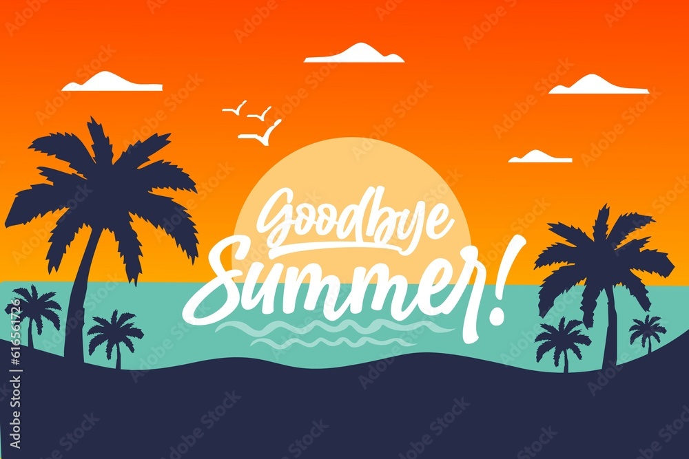 Goodbye Summer Background. Goodbye Summer illustration concept design. Goodbye Summer text with colorful elements like palm tree, leaves, umbrella and flamingo for tropical holiday season background. 