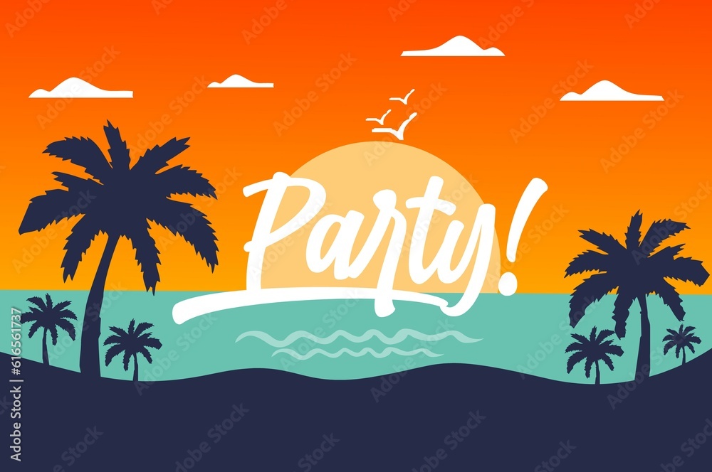 Party Background. Party illustration concept design. Party text with colorful elements like palm tree, leaves, tropical holiday season background. 