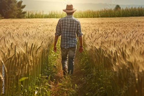 Rear view of farmer walking in a green wheat field. Generative AI