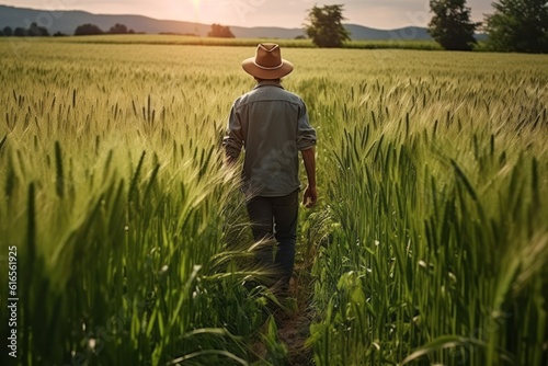Rear view of farmer walking in a green wheat field. Generative AI © bluebeat76