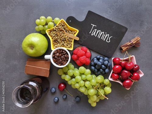 Tannins rich foods and drinks. Natural food sources of tannins. Tannins are a type of bitter chemical compound, polyphenols, found in many plants. Wine, chocolate, herbal tea, coffee, grape, berries.