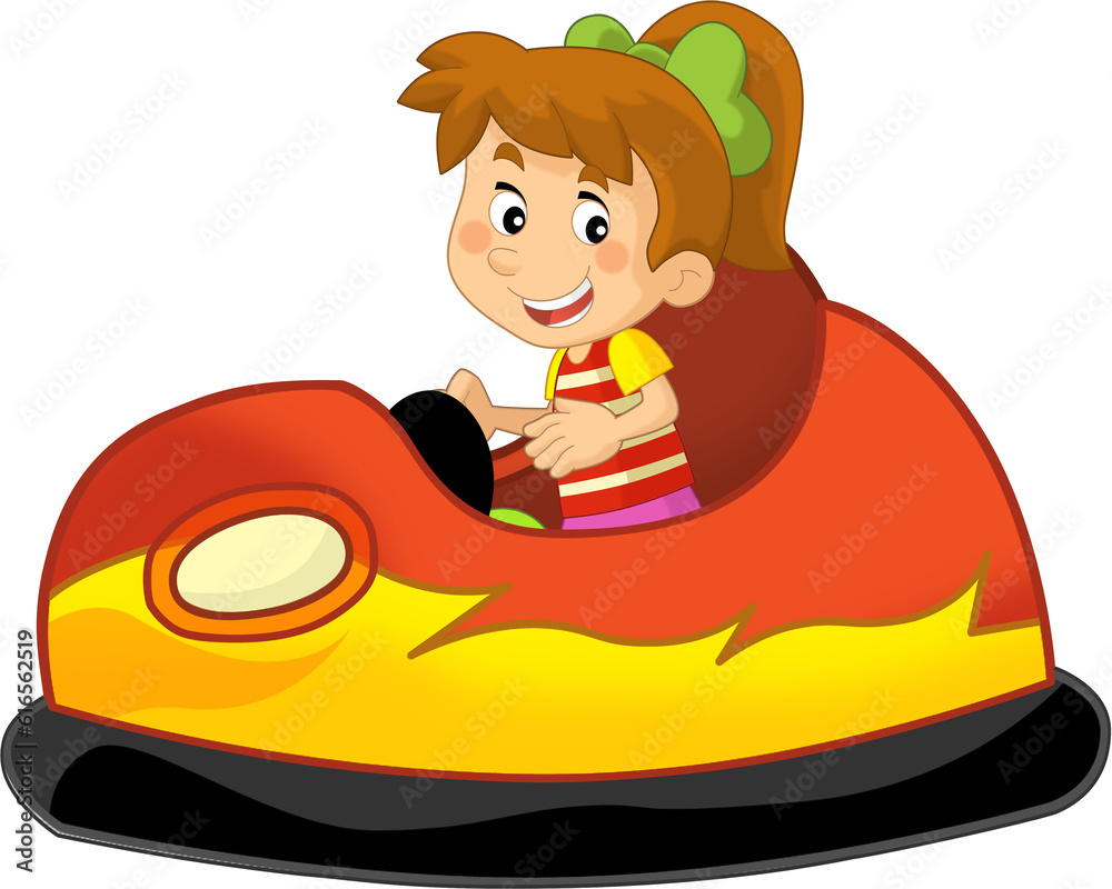 Fototapeta premium cartoon scene with kid girl driving funfair colorful bumper car isolated illustration for children