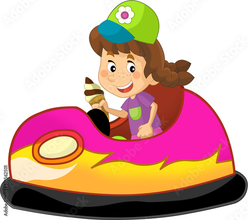 cartoon scene with kid girl driving funfair colorful bumper car isolated illustration for children