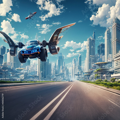 Carro voador alado trafegando numa rua de uma cidade futurista. photo