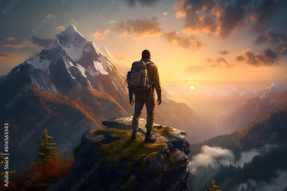 Summit Serenity: Backpacker Standing on Mountain at Sunrise - Generative AI