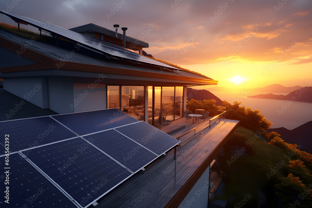 Fototapeta premium Sunset Solar Panels on Rooftop - Generative AI