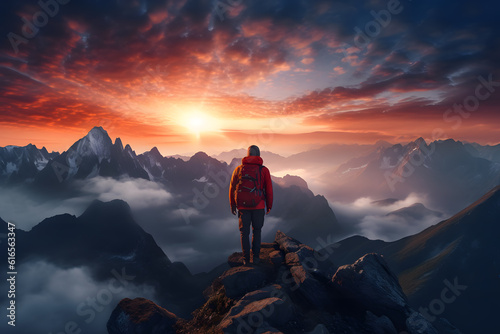 Summit Serenity: Backpacker Standing on Mountain at Sunrise - Generative AI © Martin Lang