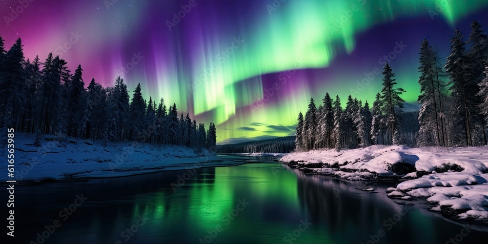 a green and purple aurora borealis over a river